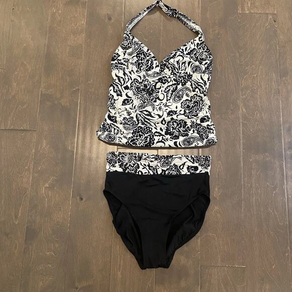 Vintage Tankini 2 Piece Swim Set Bikini Women Medium Black Cream High Waist - Picture 1 of 10